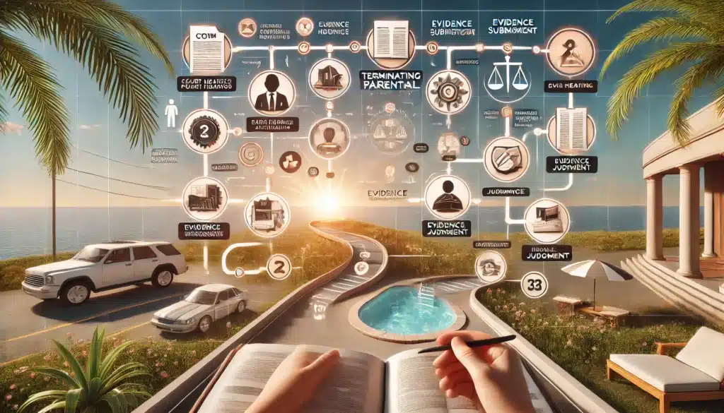 A wide-angle, photo-realistic, cinematic infographic-style flowchart illustrating the legal process of terminating parental rights in Texas. The image features clean, clear lines with icons representing key steps in the process, such as court hearings, evidence submission, and final judgment. The summer vibes are reflected in the bright, warm lighting and soft colors, with elements of nature subtly integrated into the design. The flowchart is approachable, professional, and visually engaging, balancing legal seriousness with a welcoming summer atmosphere.
