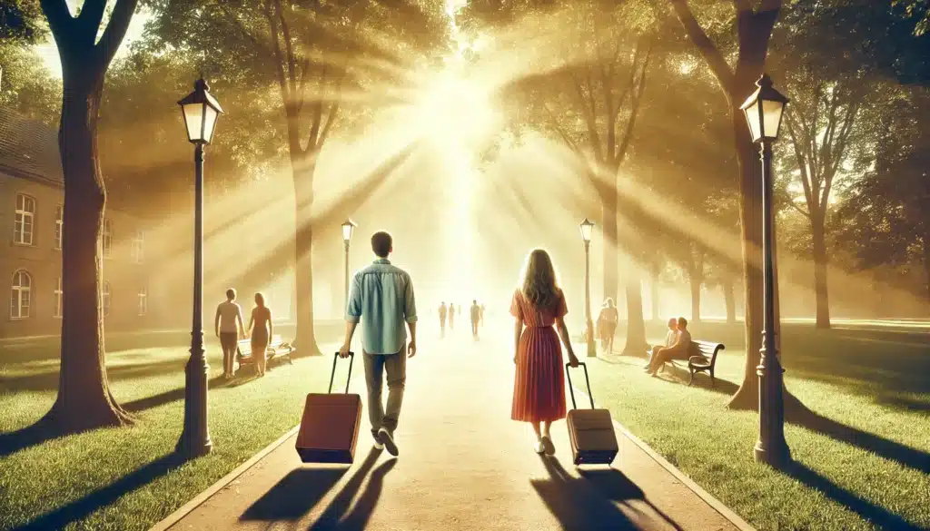 A wide-angle, photo-realistic, cinematic image visually representing the benefits of no-fault divorce. The scene is set in a bright, sunny park with a calm, serene atmosphere. Two individuals, a man and a woman, are walking away from each other on a wide path lined with trees, each carrying light suitcases to symbolize an easy separation. Both wear peaceful, content expressions, indicating mutual understanding and the absence of conflict. Sunlight filters through the trees, casting a warm glow over the scene, while other park-goers in the background enjoy the summer day. The image evokes feelings of relief, cooperation, and fresh beginnings, reflecting the positive aspects of no-fault divorce.