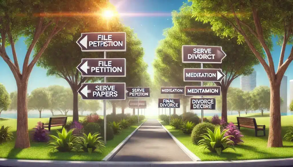 A wide-angle, photo-realistic, cinematic image representing a flowchart illustrating the filing process for no-fault divorce in Texas. The flowchart is set against a serene summer backdrop, with elements like soft sunlight filtering through trees and a clear blue sky. The flowchart is creatively displayed in a park setting, with signs along a pathway representing each step of the no-fault divorce process: 'File Petition,' 'Serve Papers,' 'Mediation,' 'Settlement,' and 'Final Divorce Decree.' The path is surrounded by vibrant greenery, symbolizing growth and new beginnings, while the overall vibe is calm and organized, with summer energy enhancing the visual appeal.