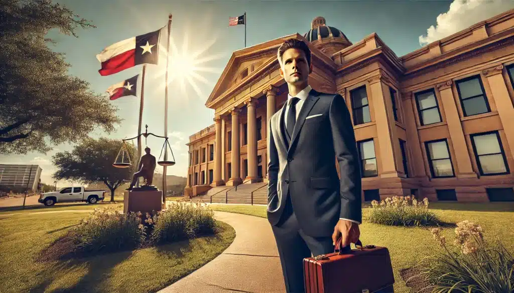 A cinematic, wide-angle, photo-realistic image symbolizing protecting your legal rights with the help of a family law attorney. The image shows a confident family law attorney standing outside a courthouse on a sunny summer day, with a briefcase in hand. The courthouse has classic architecture with a Texas flag subtly in the background. The attorney is looking poised and ready, symbolizing strong legal representation. The summer sunlight casts a warm glow over the scene, with greenery and clear blue skies, evoking a sense of assurance and professionalism.
