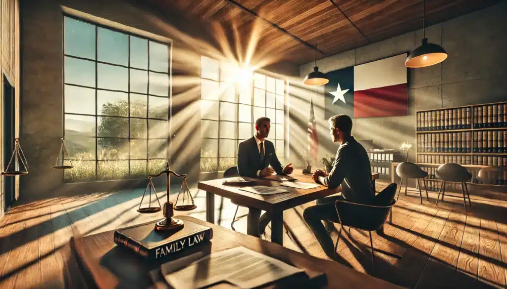 A cinematic, wide-angle, photo-realistic image representing the process of choosing the right family law attorney in Texas. The scene shows a person confidently meeting with a family law attorney in a modern office, warmly lit by the summer sun coming through large windows. Legal documents are on the table, and the attorney is attentively listening and taking notes. The atmosphere is professional yet inviting, with subtle elements like the Texas flag and scenic greenery visible outside the window. The summer vibes create a calm, reassuring setting for an important decision.