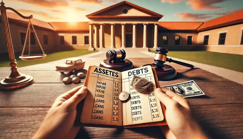 A wide-angle, photo-realistic, cinematic image with summer vibes, illustrating the handling of debts in a Texas divorce. The scene shows a symbolic ledger or notebook with one side listing assets like a house and car, and the other side showing debts like loans and credit card bills. The balance of assets and debts is central, with a gavel and courthouse in the background to represent the legal process. The warm summer light and inviting atmosphere reflect the balance between financial responsibility and fairness during the divorce proceedings.