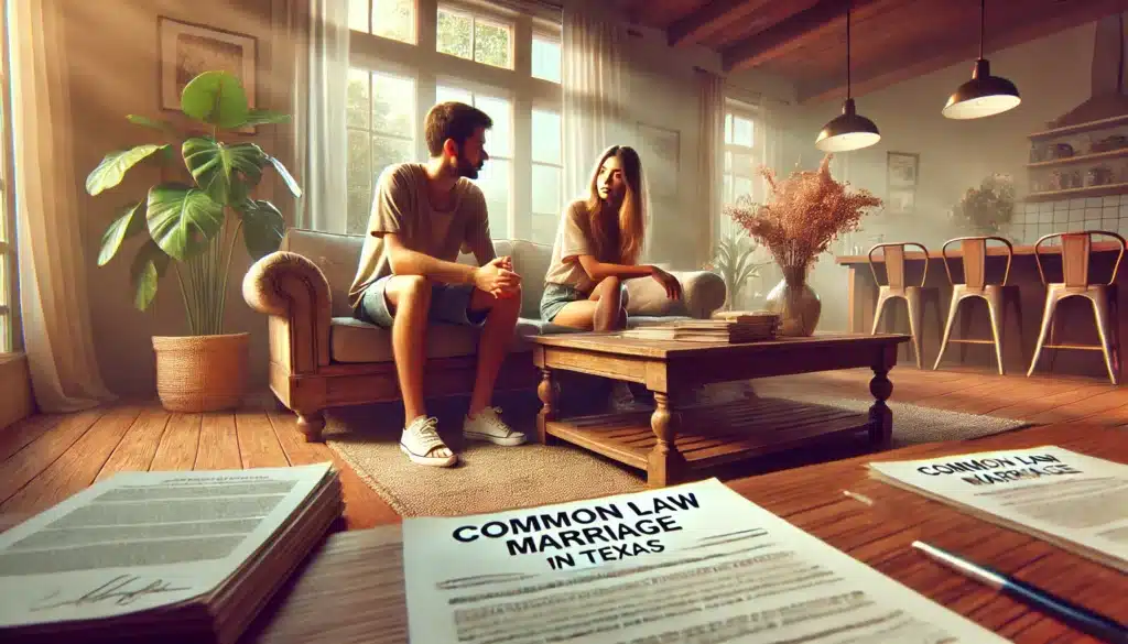 A wide-angle, photo-realistic, cinematic image with summer vibes, illustrating the legal definition of common law marriage in Texas. The scene shows a diverse couple in a cozy living room, casually dressed, symbolizing mutual agreement and cohabitation. There are legal documents, such as a marriage declaration, visible on a table in the foreground. The atmosphere is relaxed with soft lighting and warm colors, evoking a sense of comfort and trust. The couple appears engaged in a thoughtful conversation about their relationship, reflecting the legal aspects of common law marriage in Texas.