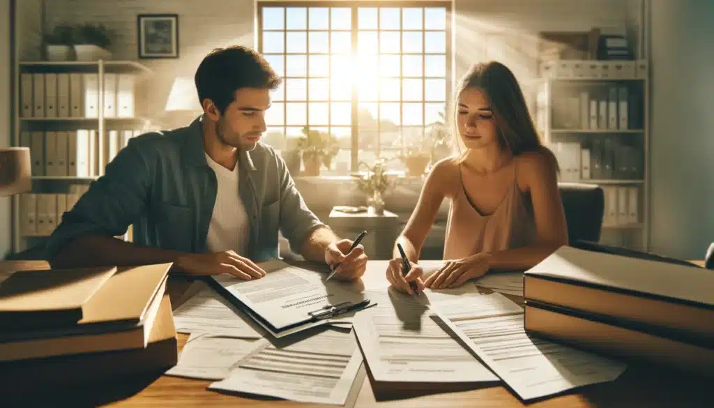 A wide-angle, photo-realistic, cinematic image with summer vibes, illustrating the process of proving a common law marriage. The scene shows a couple sitting in a lawyer's office, reviewing legal documents together. On the table, there are visible papers, such as joint bank statements, tax returns, and other evidence supporting the existence of a common law marriage. The couple appears engaged and serious, with soft sunlight coming through the window. The office is warm and inviting, filled with natural light, creating a sense of professionalism and clarity in the legal process.