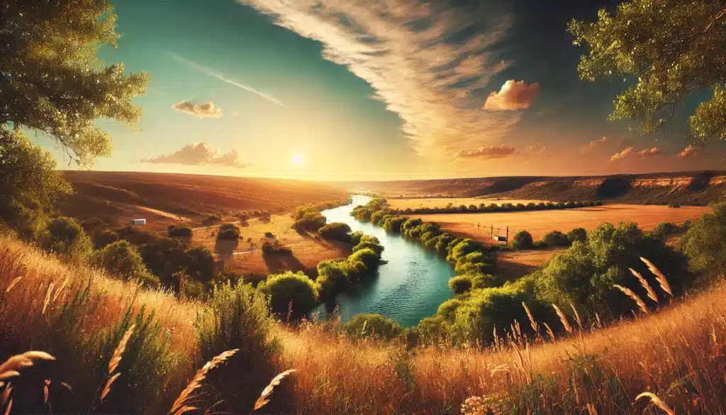 A wide-angle, photo-realistic, cinematic image with summer vibes, showing a serene Texas landscape, evoking the feeling of a peaceful legal separation. The scene includes a calm, expansive view of a Texas countryside, with vast fields, a gently flowing river, and distant hills under a bright summer sky. The atmosphere is warm and inviting, symbolizing the emotional journey of a legal separation. The image should subtly suggest the idea of transition and change, capturing the peaceful yet complex nature of separation and divorce, without direct references to people or legal documents. how long to be separated before divorce in Texas