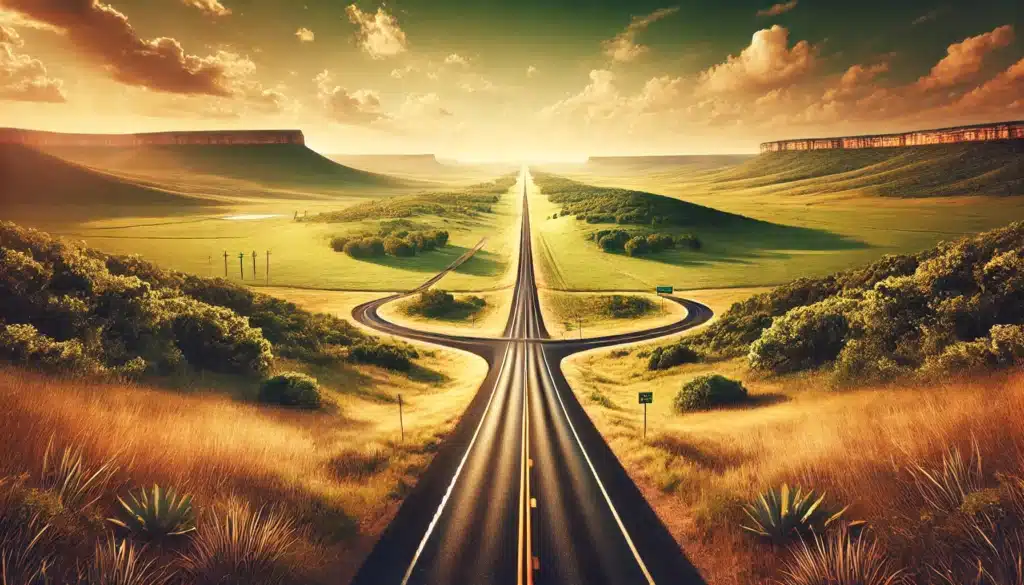 A wide-angle, photo-realistic, cinematic image with summer vibes, representing the key information about filing for divorce in Texas. The scene includes a vast, open Texas landscape, with a road stretching out towards the horizon under a clear, warm sky. The image evokes a sense of transition and moving forward, symbolizing the journey of filing for divorce and navigating the legal process. The surrounding nature, including rolling hills and lush greenery, suggests a path to clarity and new beginnings, reflecting the steps and decisions involved in starting a divorce in Texas.
