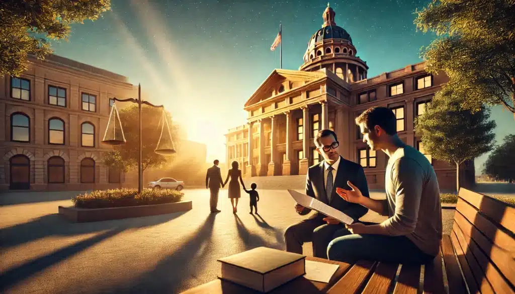 A wide-angle, photo-realistic cinematic image capturing a summer scene of a Texas courthouse with parents discussing child support modification. The courthouse is bathed in warm golden sunlight, creating a hopeful and serious atmosphere. A lawyer is seen consulting with a client outside, holding legal documents. In the background, a family walks by, symbolizing the impact of child support adjustments. The scene conveys the legal and emotional weight of modifying child support orders in Texas.