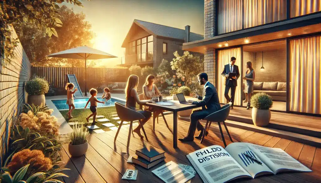 A wide-angle, photo-realistic, cinematic summer scene illustrating practical advice for navigating. The scene features a couple sitting at an outdoor table in a modern backyard, surrounded by financial documents, a laptop, and legal books. A lawyer or advisor is providing guidance, while children play in the background. The setting includes warm golden summer light, symbolizing hope and resolution. The atmosphere reflects both the emotional and practical aspects emphasizing the importance of careful planning in decisions.