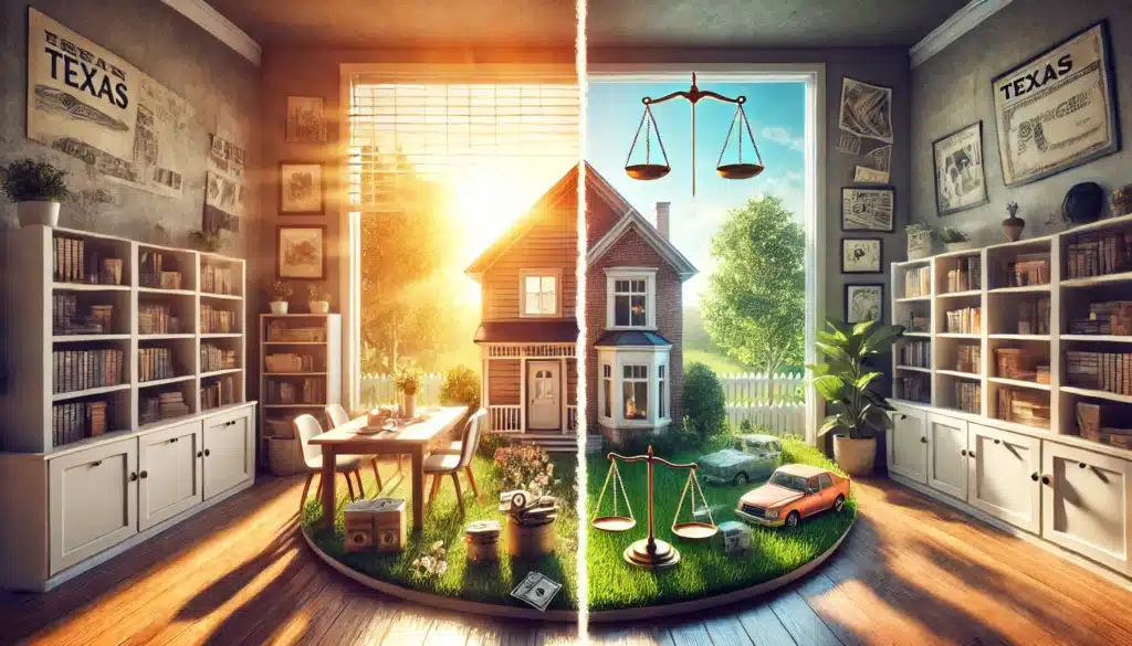 A wide-angle, photo-realistic, cinematic image illustrating common misconceptions about Texas divorce law, including the 50/50 property split. The image symbolically shows two halves of a home being divided, with one side having more assets (like a car, house, and money) and the other side with fewer items, representing the myth of an even split. Warm summer sunlight streams through the windows, creating a relaxed yet thought-provoking atmosphere. The scene emphasizes the complexity of divorce, with greenery outside to add a peaceful summer vibe, balancing the serious nature of the topic.