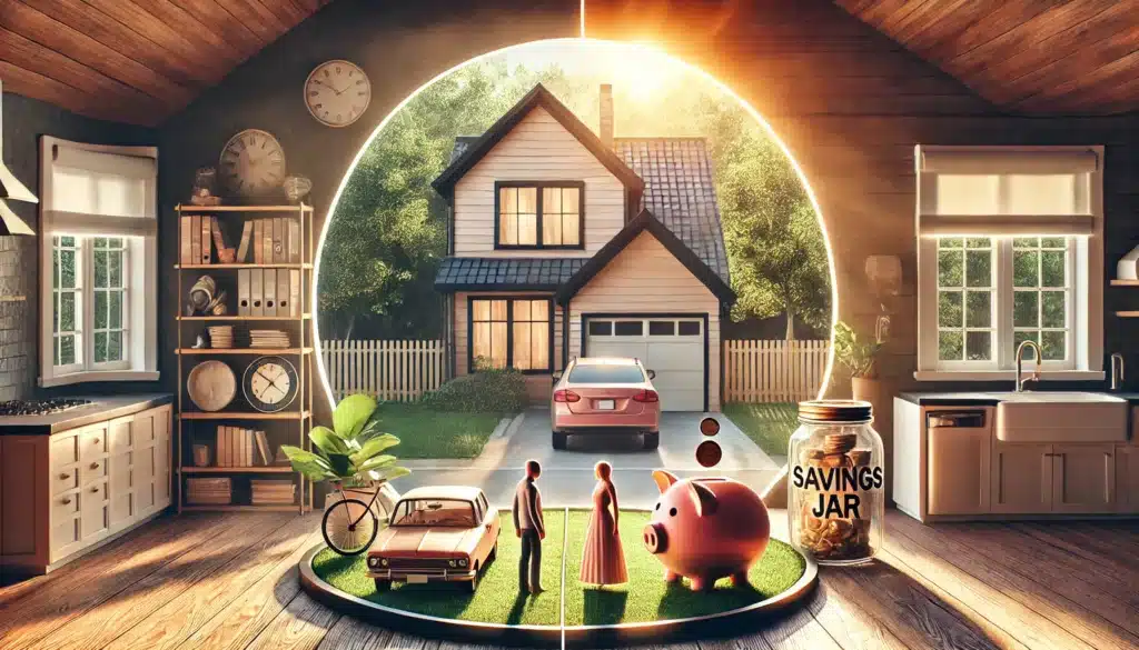 A wide-angle, photo-realistic, cinematic summer illustration depicting community property division in a Texas divorce. The image features assets such as a house, car, savings jar, and furniture, visually split between two figures representing spouses. The scene has a peaceful, balanced vibe with sunlight streaming through, creating a warm summer feel. Greenery is visible outside, adding to the calm and serene atmosphere.