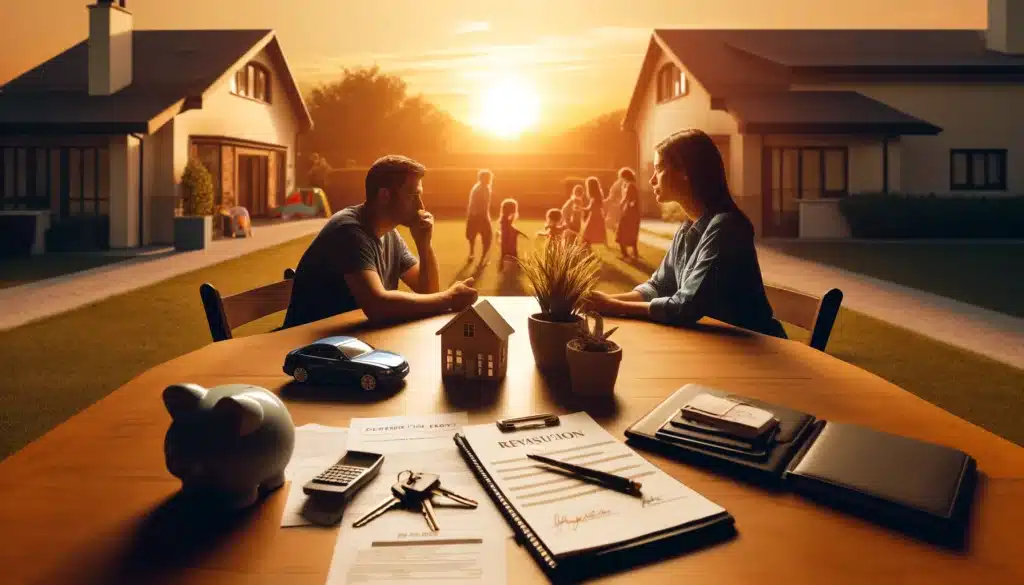 A wide-angle, photo-realistic, cinematic summer scene depicting a couple sitting across from each other at a table, discussing the division of assets during a divorce. The scene includes symbolic items like a house model, car keys, and retirement fund documents placed on the table. The setting is a warm, golden-lit suburban backyard during sunset, capturing a mix of tension and thoughtfulness. Children are visible playing in the background, representing the custody aspect. The mood reflects the emotional complexity of divorce and asset division, with summer vibes in the atmosphere.