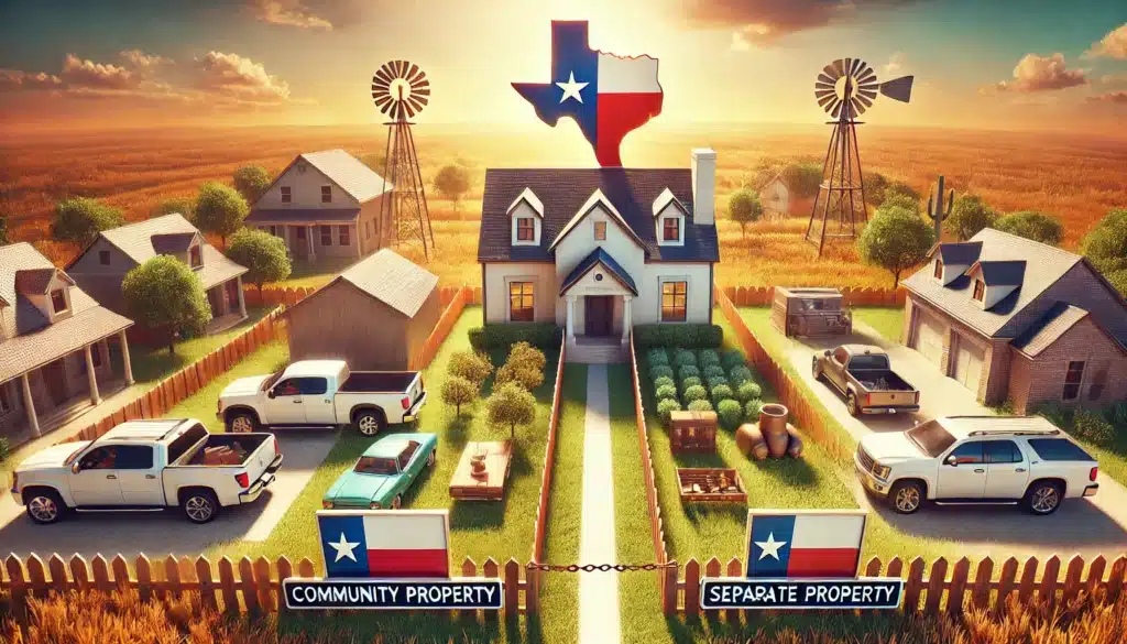 A wide-angle, photo-realistic, cinematic illustration depicting the concept of community property and separate property in a Texas divorce. The scene shows a symbolic division of assets, such as a house and a business, with a dividing line down the middle. One side represents community property (house, car, bank account), and the other side represents separate property (inherited items, pre-marital assets). The summer setting features a bright, warm atmosphere with soft sunlight, evoking a calm but serious mood. Texas symbols subtly appear in the background, emphasizing the location.