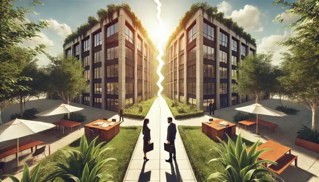 A wide-angle, photo-realistic, cinematic illustration depicting the division of business interests in a divorce case. The scene shows two figures, representing spouses, standing on opposite sides of a large business building being symbolically split down the middle. One figure is holding a briefcase, while the other holds documents, representing the negotiation and division of business assets. The summer atmosphere is bright, with warm sunlight and lush greenery surrounding the business. The image captures both the seriousness and the complexity of dividing business interests during a divorce, with a calm yet thoughtful tone.