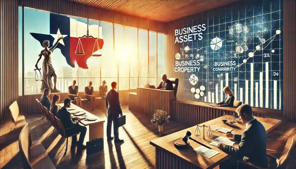 A cinematic, wide-angle, photo-realistic image with summer vibes illustrating the process of determining business assets as marital property during a Texas divorce. The image features a courtroom setting in Texas, with a judge reviewing documents symbolizing business ownership and marital contributions. On one side of the courtroom, a business owner is seated, while the other spouse is on the opposite side, with charts and documents representing business assets and valuations. Sunlight streams through large windows, highlighting the legal process, while the Texas flag is subtly visible in the background.