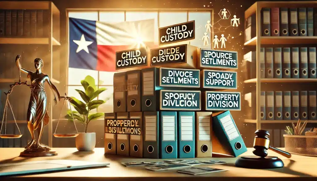 A photo-realistic, wide-angle, cinematic image with summer vibes. The scene depicts an illustration representing the importance of specialization in family law matters. It showcases various family law areas such as 'Child Custody,' 'Divorce Settlements,' 'Spousal Support,' and 'Property Division,' displayed on file folders or binders on a lawyer's desk. The background includes a law office with a Texas flag subtly visible through a window, creating a warm, professional environment with sunlight streaming in, emphasizing the significance of focused expertise in family law.