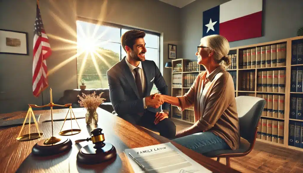 A photo-realistic, wide-angle, cinematic image with summer vibes. The scene shows a satisfied client and attorney sitting together in an office, celebrating after a successful family law case. The client is smiling and shaking hands with the attorney, with legal documents on the desk in front of them. The office is professional yet warm, with natural sunlight pouring in through the windows and Texas-themed decor subtly present. The mood is positive and collaborative, showcasing the benefits of working with an experienced family law attorney who has provided successful legal guidance.