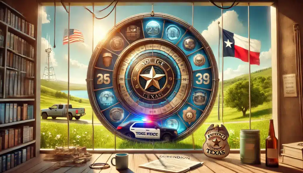 A wide-angle, photo-realistic, cinematic illustration with summer vibes illustrating the duration and enforcement of emergency protective orders in Texas. The image should feature visual elements such as a clock or calendar to represent time, law enforcement symbols like a badge or police car, and a shield for protection. The scene should have a bright, peaceful summer atmosphere, with soft sunlight, green landscapes, and subtle Texas imagery like the state flag. The image should convey the themes of time, safety, and law enforcement working together to protect victims.