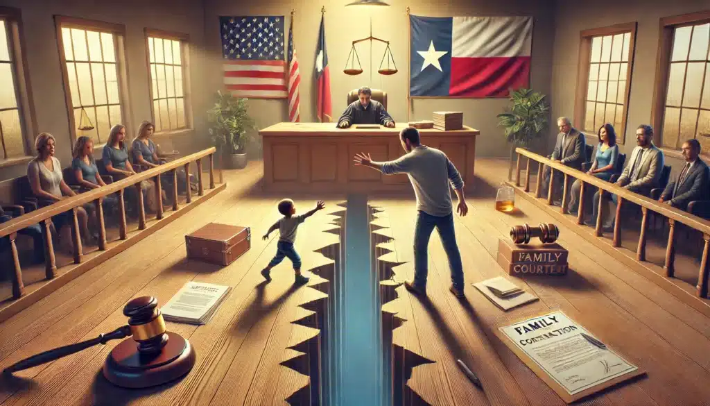 A wide-angle, photo-realistic, cinematic illustration depicting the concept of parental rights termination in Texas. The scene shows a symbolic split between a parent and child, represented by a broken bridge or divide. On one side, a judge’s gavel and legal documents can be seen, while on the other, the parent reaches out to the child who is moving away. In the background, subtle elements like the Texas state flag and a family courtroom setting provide context. The atmosphere reflects summer vibes with warm natural lighting and soft shadows.