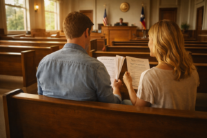 Couple in Houston Heights meeting with an uncontested divorce attorney to finalize divorce agreements peacefully.