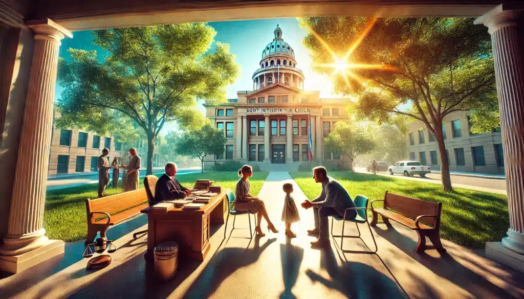A wide-angle, photo-realistic, cinematic image with summer vibes, depicting the concept of the 'best interests of the child' standard in custody cases. The scene shows a family court setting outdoors with a warm, sunlit atmosphere. A judge or counselor is seen in a gentle conversation with a family, including a child, set against a Texas courthouse or family services building. The environment conveys a sense of care, support, and well-being, with green lawns, trees, and a bright blue sky, symbolizing hope and stability for the child's future.