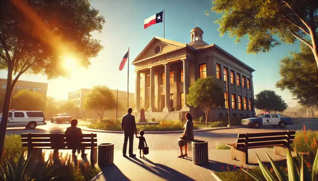 A wide-angle, photo-realistic, cinematic image with summer vibes, depicting the concept of the legal framework for determining a child's primary residence in Texas. The scene shows a sunlit, Texas courthouse with a serene, warm atmosphere, symbolizing family and law. In the foreground, a family with a child stands outside the courthouse, capturing a moment of discussion or reflection. The courthouse has classic architecture, with large pillars and a flag, against a clear, blue summer sky, conveying a balanced, hopeful tone. Trees and greenery add to the summer feel.
