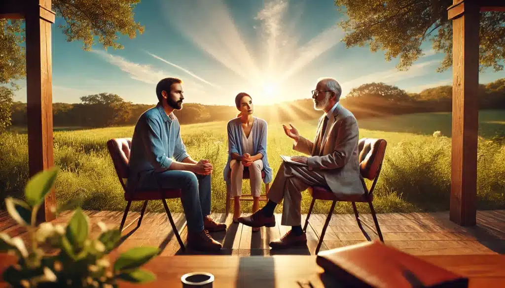 A cinematic, photo-realistic wide-angle image depicting a skilled mediator guiding a couple through the mediation process. Set in a peaceful outdoor summer setting with warm sunlight, green fields, and a clear blue sky, the scene radiates calmness and professionalism. The mediator, positioned thoughtfully between a man and a woman seated at an outdoor table, gestures kindly, fostering a constructive and open dialogue. The couple looks engaged and receptive, indicating a positive mediation atmosphere. The image captures the mediator’s role as a guide in the process, surrounded by a serene Texas landscape to emphasize clarity and cooperation.
