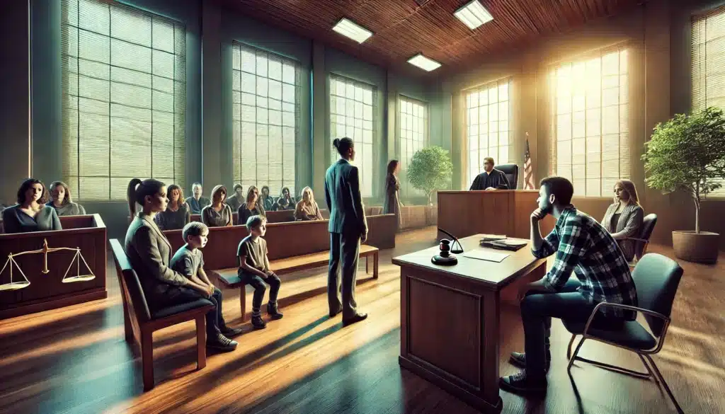 A wide-angle, photo-realistic, cinematic image capturing a summer vibe, illustrating a courtroom scene focused on legal proceedings related to parental alienation. The courtroom is filled with natural light from large windows. The image shows a judge sitting at the bench, attorneys presenting their cases, and a parent appearing distressed while listening. The other parent sits confidently with their attorney. In the background, a child sits quietly with a social worker or guardian, looking anxious and uncertain. The atmosphere combines the formal tension of a legal setting with emotional undertones, highlighting the seriousness of the issue.