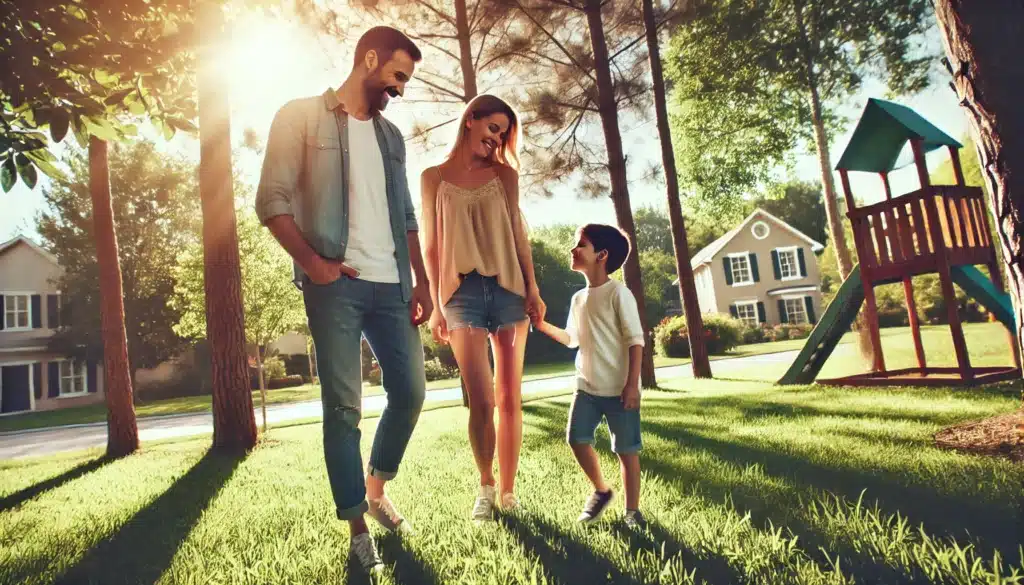 A wide-angle, photo-realistic, cinematic image with summer vibes, illustrating parents working together for the well-being of their child after overcoming parental alienation. The scene is set in a sunny park with green grass and tall trees. The parents stand side by side, smiling and engaged in a supportive conversation, while the child happily plays nearby. The family appears united and harmonious, conveying a sense of healing and cooperation. The image captures a bright, warm atmosphere, with sunlight filtering through the trees, emphasizing a hopeful and positive resolution.