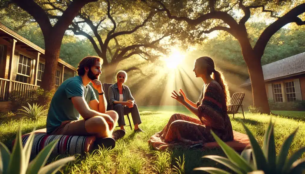 A cinematic, photo-realistic wide-angle image illustrating techniques for reducing emotional stress during mediation in a peaceful summer setting. A couple is seated outdoors with a mediator, engaged in calm discussion. The mediator guides the couple through relaxation techniques, such as deep breathing, with the couple appearing more relaxed and less tense. The scene is set in a lush, sunlit Texas landscape, with warm light filtering through trees, creating a soothing environment. The image emphasizes the benefits of mediation for reducing stress and fostering open, constructive communication in a harmonious, summer atmosphere.