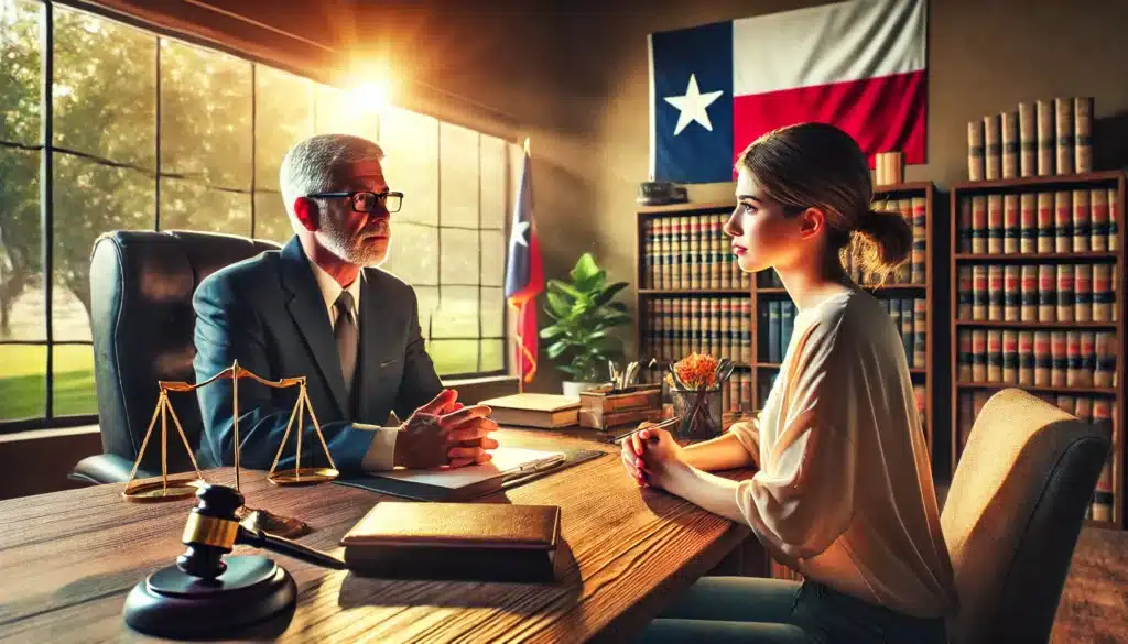 A wide-angle, photo-realistic cinematic image set in a warm summer ambiance. The scene shows a domestic violence attorney in Spring, Texas, sitting across from a client in a professional, welcoming office setting. The attorney appears attentive, with legal documents and a notepad on the desk, as they discuss legal options. The client looks engaged and relieved, finding guidance and support. The background includes elements like a Texas flag, bookshelves with legal books, and sunlight streaming through a large window, creating a calm and supportive atmosphere.