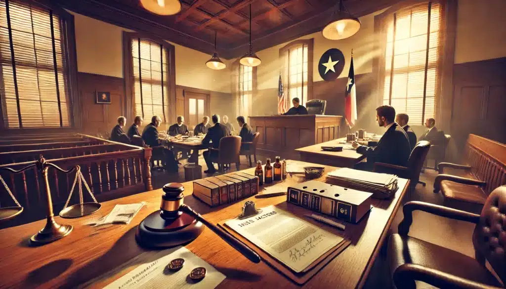 A wide-angle, photo-realistic cinematic image set in a warm summer ambiance. The scene depicts a Texas courtroom with judges and attorneys actively evaluating key factors in a domestic violence case. Legal documents, evidence files, and a gavel are visible on the judge’s bench. The courtroom has classic wooden decor, with the Texas state flag prominently displayed in the background. Sunlight streams in through large windows, casting a warm glow, while the atmosphere feels serious yet fair, capturing the intensity and importance of the legal proceedings.