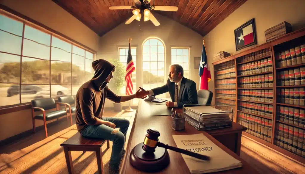 A wide-angle, photo-realistic cinematic image with a warm summer vibe, showing a person reaching out for help from a domestic violence attorney in Spring, Texas. The scene captures the moment inside a welcoming law office. The person appears visibly distressed but hopeful, extending a hand towards the attorney across a desk. The attorney, appearing kind and attentive, reaches back, holding legal documents. Sunlight filters through large windows, creating a bright, comforting atmosphere. In the background, a Texas flag and legal books are visible, emphasizing the local and supportive context of the legal aid.