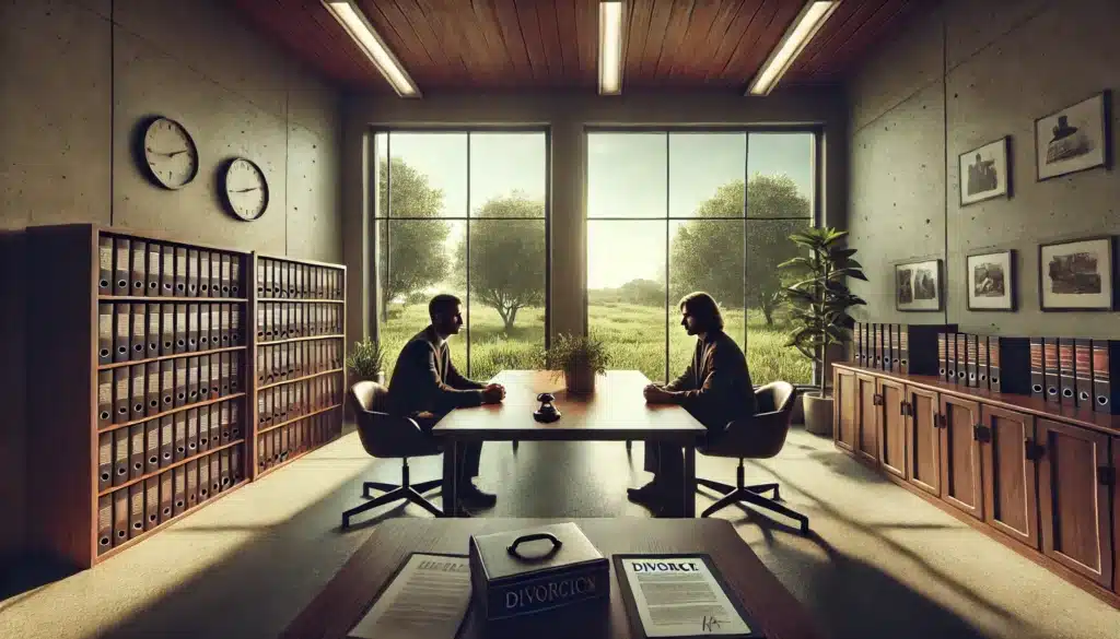 Wide-angle, photo-realistic, cinematic image capturing the emotional challenges faced when mediation fails in a Texas divorce. The scene shows two individuals sitting in a mediation room with tense expressions, representing the emotional strain of a failed negotiation. The room has large windows with summer sunlight casting a warm glow. Outside, a peaceful, green summer landscape contrasts the tension indoors. Legal documents are on the table, adding to the serious tone. The setting is minimalistic but with a touch of warmth, capturing the somber but hopeful ambiance of a summer day.