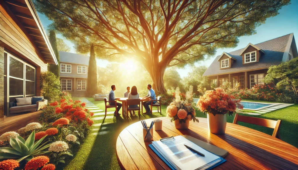 A wide-angle, photo-realistic, cinematic image with summer vibes. The scene captures a serene outdoor setting symbolizing the principles and benefits of collaborative divorce. A peaceful table setting under a large, shady tree with warm sunlight filtering through the leaves. Documents, pens, and a friendly discussion among three people convey collaboration and mutual understanding. The atmosphere is inviting, with vibrant flowers and a calming backdrop, evoking harmony and positivity.