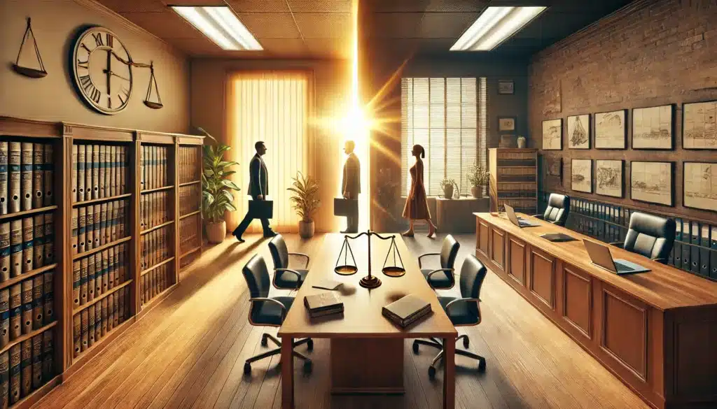 Wide-angle, photo-realistic, cinematic image representing the transition from mediation to litigation in divorce cases. The scene shows two individuals in a formal office setting, moving from a mediation table with documents to a courtroom-like setup in the same room. One side of the room has a warm, inviting ambiance with a summer sunlight glow streaming through windows, symbolizing mediation, while the other side has a more formal, serious courtroom setup. The atmosphere captures the shift from collaborative to adversarial, with a mix of tension and resolution.