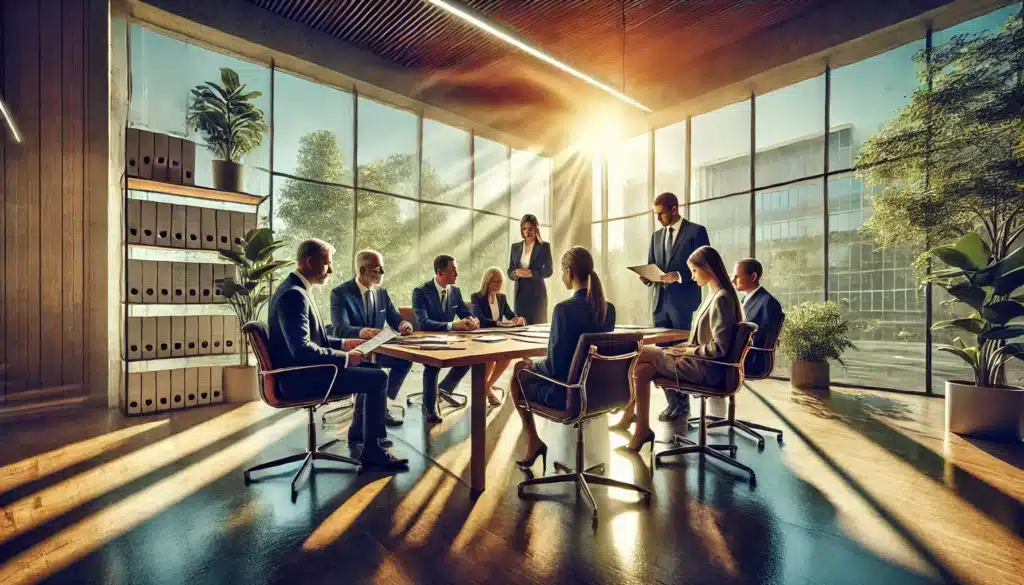 A cinematic, wide-angle, photo-realistic image of an experienced legal team in a professional office, assisting parents in navigating custody disputes. The scene captures a warm summer vibe with sunlight streaming through large windows and highlighting the collaborative atmosphere. The team, dressed professionally, is seated around a large polished table with documents and laptops open. A parent listens attentively while the team provides guidance, emphasizing trust and support. Outside, greenery and blue skies enhance the inviting setting.