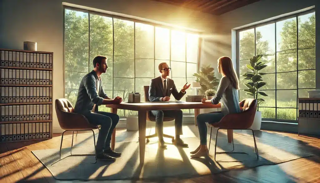 A cinematic, wide-angle, photo-realistic image of parents sitting in a professional yet inviting office, receiving actionable advice from a family law attorney during custody disputes. The scene is bathed in warm summer sunlight streaming through large windows with a view of green trees and blue skies. The attorney, dressed professionally, gestures confidently while pointing to documents on the desk. The parents listen attentively, their expressions a mix of concern and hope, as they take notes. The atmosphere is supportive and collaborative.