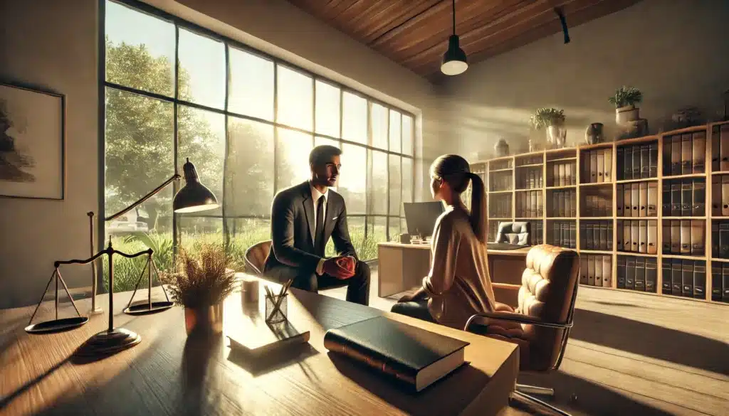 A cinematic, wide-angle, photo-realistic image of a family law attorney in a modern, sunlit office in River Oaks, Texas, discussing child support matters with a client. The scene captures a professional yet warm atmosphere, with the attorney attentively listening while the client explains their situation. The office has large windows with natural light streaming in, showing a summer day outside with greenery visible. The setting is organized and welcoming, symbolizing trust and expertise.