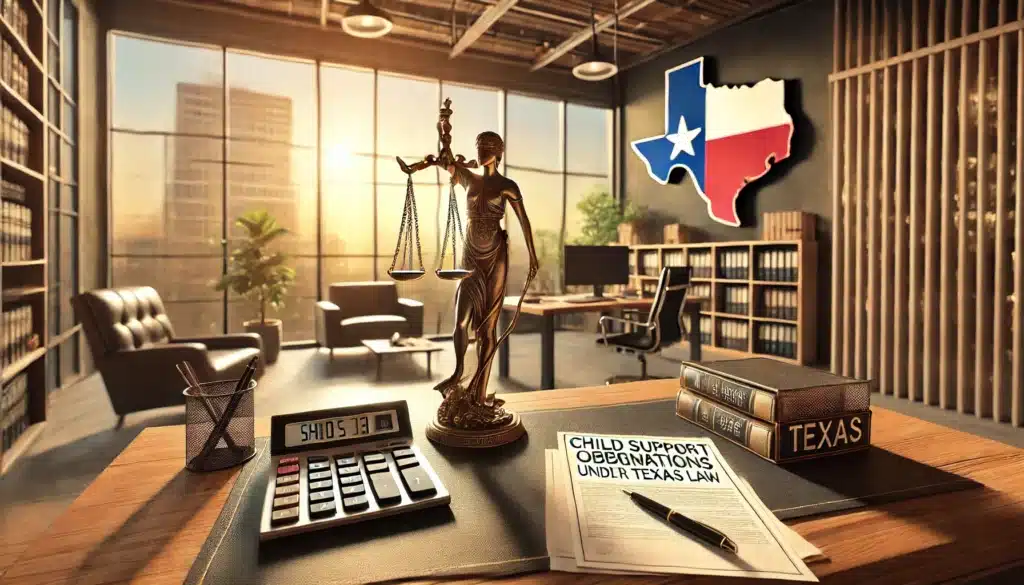 A cinematic, wide-angle, photo-realistic image visually representing child support obligations under Texas law. The scene includes symbolic elements like scales of justice on a desk, legal documents, and a calculator alongside a warm summer backdrop visible through large office windows. The setting exudes professionalism with a modern office feel, sunlight streaming in, and a map of Texas subtly placed on the wall, emphasizing the legal focus. The atmosphere conveys clarity, order, and the importance of legal responsibility.