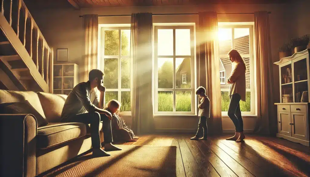 Wide-angle, photo-realistic, cinematic image illustrating the emotional impact of divorce on families and children. The scene shows a family in a living room setting with warm, summer sunlight filtering through large windows. A parent is sitting with a child on a couch, providing comfort, while another parent stands a bit distanced, looking concerned. The room has a soft, inviting atmosphere, with signs of a family home. Outside the windows, a lush, green summer landscape is visible, adding a gentle, hopeful contrast to the somber scene indoors.