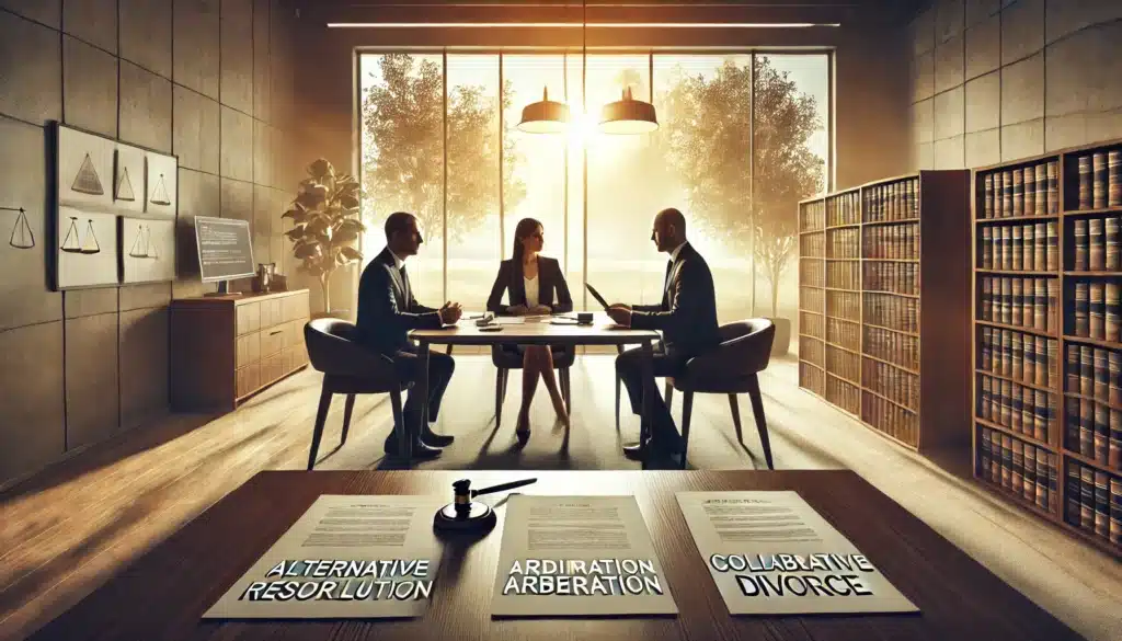 Wide-angle, photo-realistic, cinematic image illustrating alternative dispute resolution options in divorce cases. The scene shows a formal office setting with two individuals and a mediator seated at a round table, discussing options. Documents and notes are spread on the table, symbolizing mediation, arbitration, and collaborative divorce options. Sunlight filters through large windows, casting a warm, inviting glow. The atmosphere is calm and professional, with a subtle summer landscape visible outside, giving a sense of hope and possibility beyond the room's discussions.