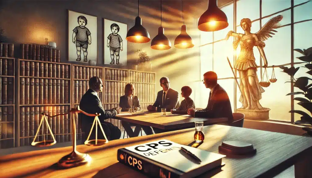 A cinematic, wide-angle, photo-realistic depiction of a scene representing common issues faced in CPS cases, emphasizing child safety and family rights. The image features a professional setting with a conference room where concerned parents and a CPS defense attorney are in discussion. The warm summer light filters through large windows, highlighting legal documents and family photos on the table. Subtle background elements include a bookshelf with legal volumes and a child's drawing pinned to the wall, symbolizing family unity and child safety. The atmosphere is collaborative, supportive, and hopeful.