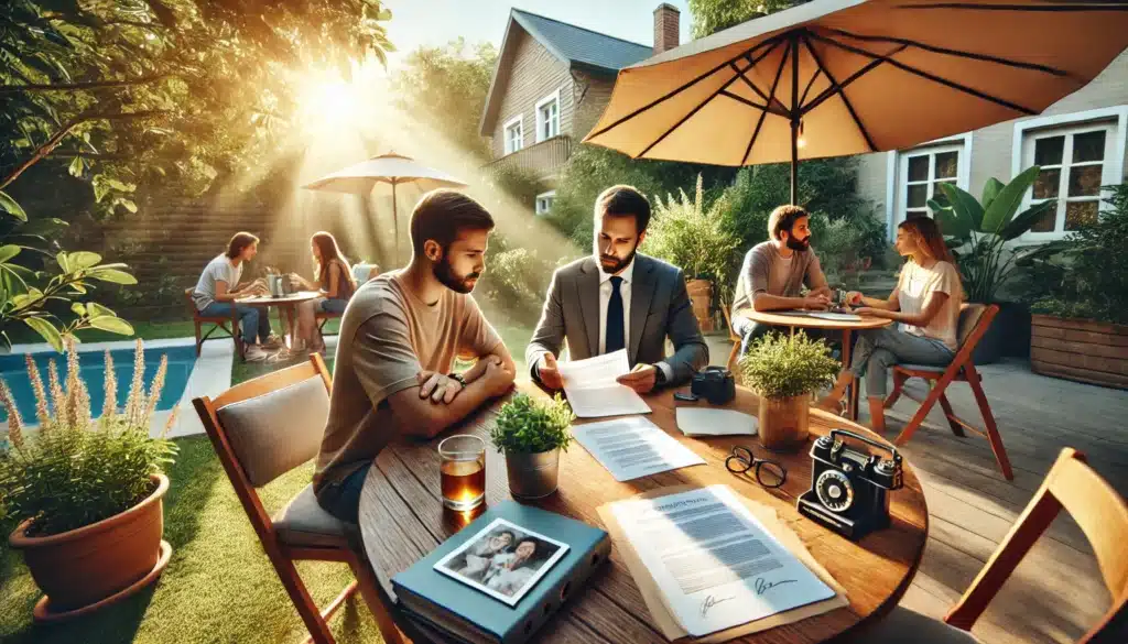 A wide-angle, photo-realistic, cinematic scene with summer vibes illustrating key issues in family law mediation, including child custody and property division. The scene shows two people seated at an outdoor mediation table, discussing documents with a mediator. A sense of calm cooperation fills the environment, with subtle details like papers, family photos, and neutral legal forms on the table. Background greenery and warm sunlight create a peaceful, positive summer ambiance. The individuals appear focused and cooperative, highlighting a constructive approach to family law mediation. No cameras, equipment, or text in the image.