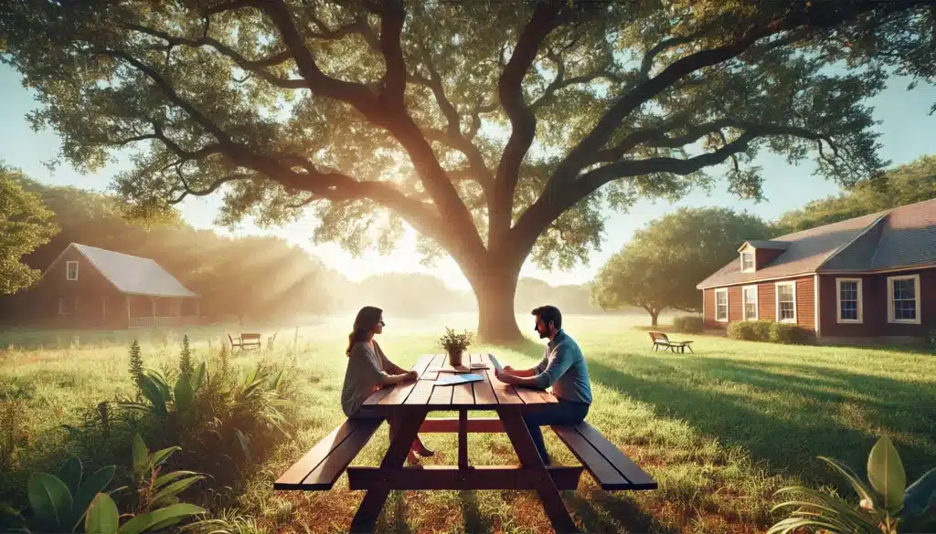A cinematic, photo-realistic wide-angle image with summer vibes, depicting a peaceful outdoor setting. A couple is seated at a wooden picnic table in the shade of a large oak tree, discussing amicably with a few legal documents on the table. The surrounding area features soft sunlight, a grassy field, and a tranquil park in the background. The image represents understanding and cooperation, symbolizing the ease of an uncontested divorce in Texas.