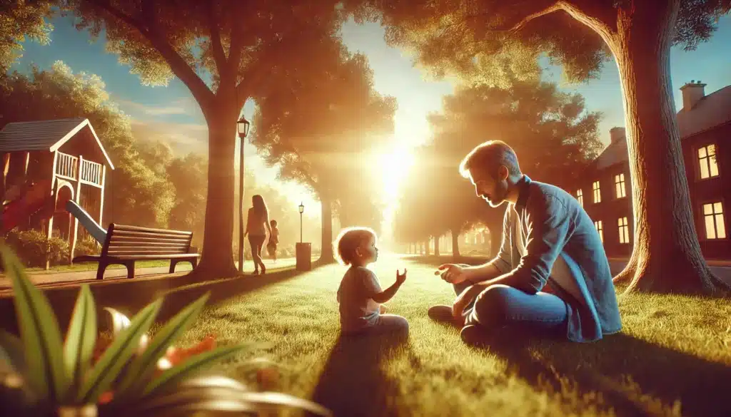 A wide-angle, photo-realistic, cinematic image with summer vibes, depicting the concept of 'child's emotional and physical needs in custody decisions.' The scene shows a warm outdoor setting with a family in a park or garden, where a parent is attentively engaged with a child, showing care and affection. The atmosphere is peaceful and nurturing, symbolizing support for the child's well-being. In the background, soft sunlight filters through trees, with green grass and a blue sky, creating an inviting and hopeful environment that emphasizes security and emotional warmth for the child.