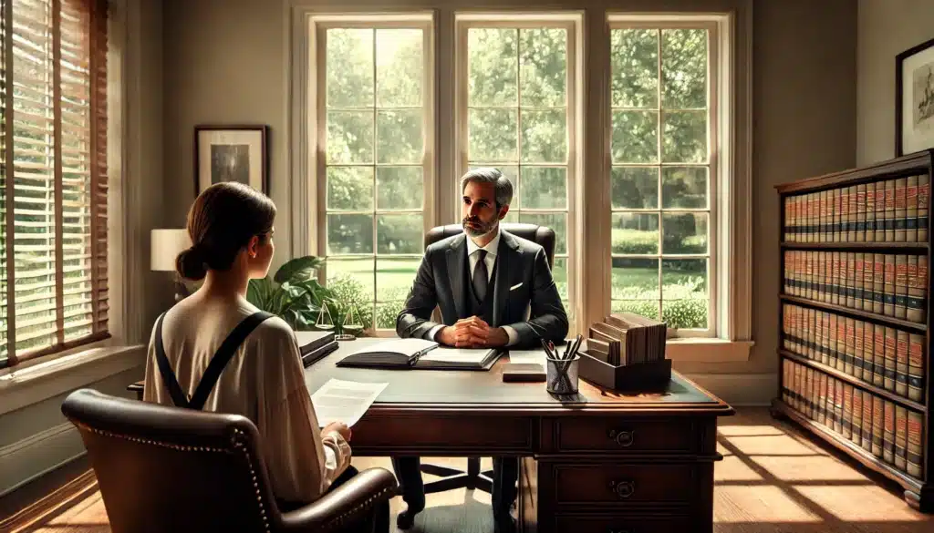 A wide-angle, photo-realistic, cinematic image of an establishing paternity attorney in River Oaks, Texas, in a professional office setting during a summer morning. The attorney, a poised individual in formal attire, is seated across from a client at a polished wooden desk, engaged in a focused conversation. The client, a concerned parent, holds legal documents while listening intently. The office is filled with warm natural light streaming through large windows, with a hint of lush greenery visible outside. The scene captures professionalism, empathy, and the importance of the discussion, evoking summer vibes with a soft golden glow.