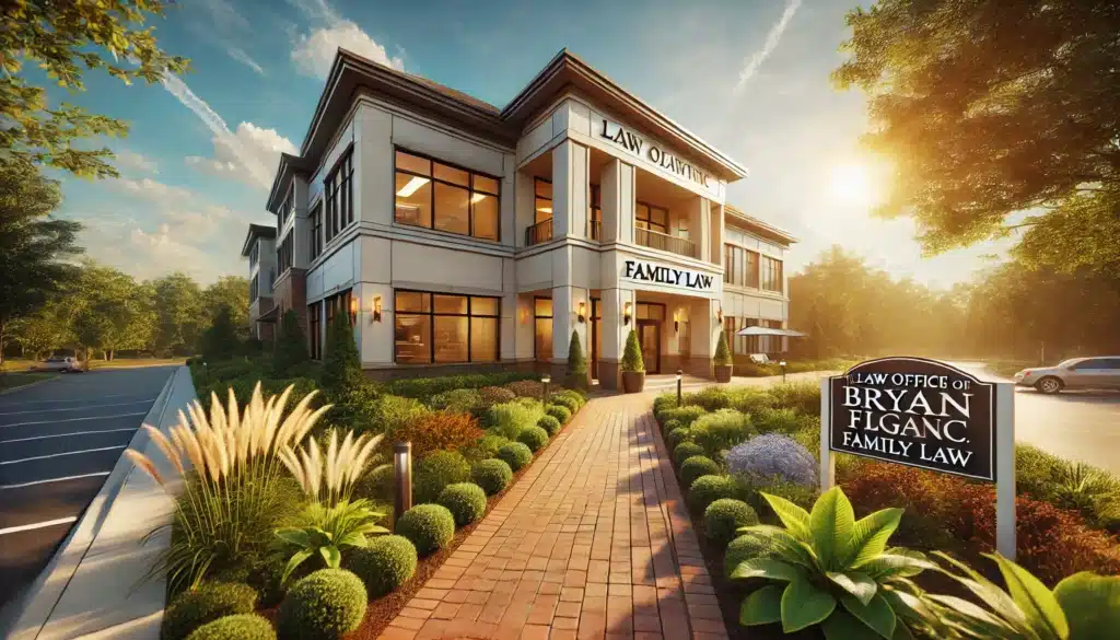 A wide-angle, photo-realistic, cinematic image of the Law Office of Bryan Fagan PLLC, showcasing the firm's commitment to family law. The office is a modern building with a professional and inviting exterior, surrounded by lush, well-maintained landscaping. A prominent sign with the firm's name and logo is clearly visible near the entrance. The summer setting features warm sunlight illuminating the building, a bright blue sky with soft clouds, and vibrant greenery in the background. The image conveys trust, professionalism, and dedication to serving families, with a welcoming pathway leading to the office door.