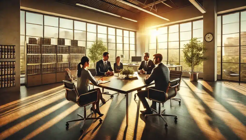 A photo-realistic, cinematic wide-angle image depicting an overview of a collaborative divorce process in a modern, bright office. The scene shows a peaceful discussion between two spouses and their attorneys, sitting around a sleek conference table. The atmosphere is calm, respectful, and cooperative. The attorneys, a diverse group of two men and two women, are guiding the conversation. The spouses, one man and one woman, are seated across from each other, engaged in a constructive dialogue. Large windows allow warm, golden summer light to flood the room, creating a relaxed and positive vibe. The office is modern with minimalist decor, potted plants, and legal books in the background, conveying a professional yet peaceful environment.