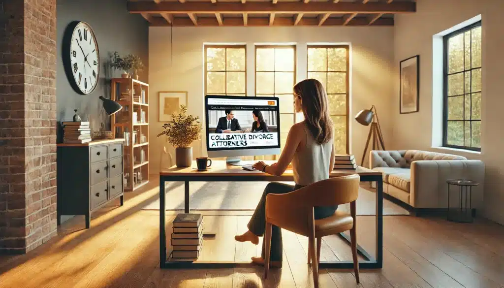 A photo-realistic, cinematic wide-angle image of a person researching collaborative divorce attorneys online in a modern, well-lit home office. The person, a woman in her early 30s with brown hair, is seated at a desk, looking at a laptop screen with focused attention. The room is bright and airy, with warm golden summer light streaming through large windows, creating a relaxed, inviting atmosphere. The desk is minimalist, with a few books, a coffee cup, and a potted plant. On the laptop screen, you can see a website with information about collaborative divorce attorneys. The décor is contemporary and comfortable, reflecting a peaceful and productive environment for research.