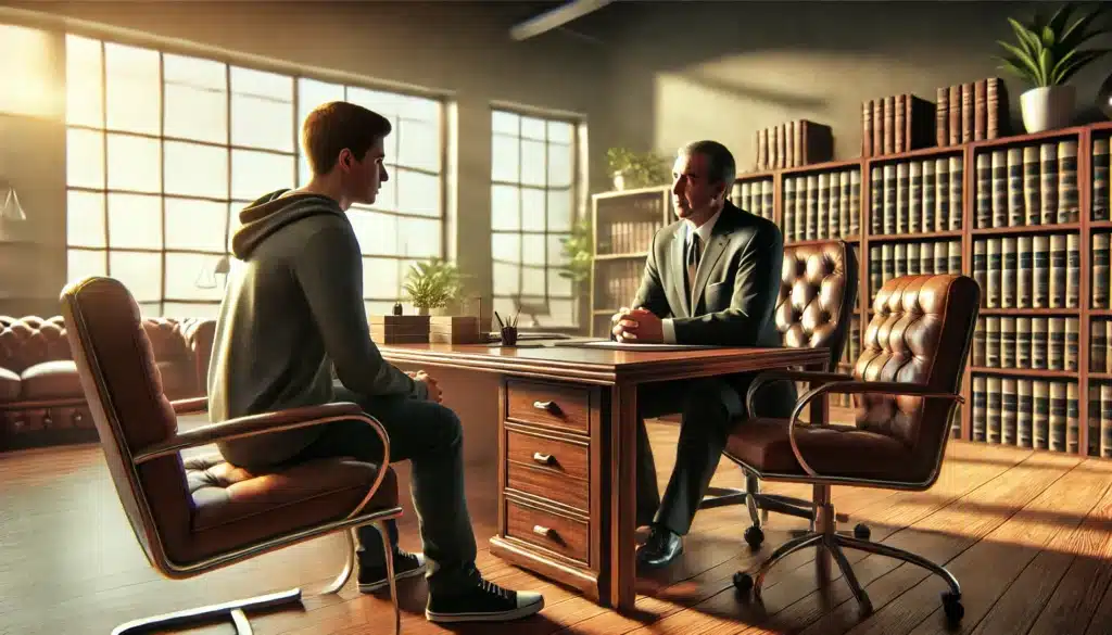 A wide-angle, photo-realistic, cinematic image showing an attorney discussing child support payments with a client in a professional office setting. The scene should have a warm, sunny ambiance with soft, natural light streaming through large windows. The office is modern yet inviting, with a polished wooden desk, leather chairs, and shelves with legal books. The attorney, a middle-aged professional in business attire, is talking to a client, who is a concerned parent, dressed in casual yet neat clothing. Both individuals are seated across from each other, engaged in a serious conversation. The atmosphere should feel calm, cooperative, and professional, with a focus on the collaborative nature of the discussion.